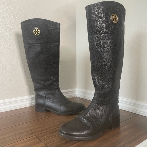 Black Leather Riding Boots with Gold Logo Tory Burch boots tall black boots - Picture 16 of 16